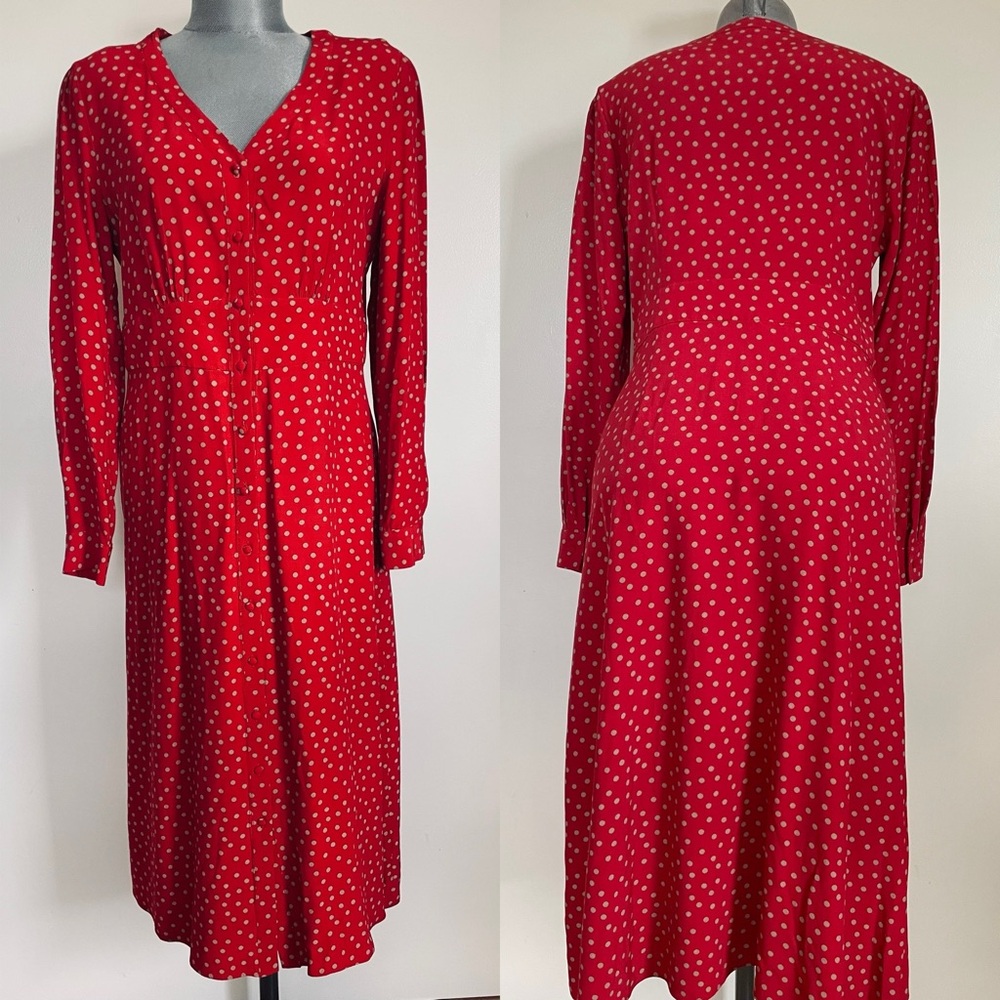 Boden Sz 8 Dress Red And Tan Polka Dot Long Sleeve Button Down Midi V Neck Y2K